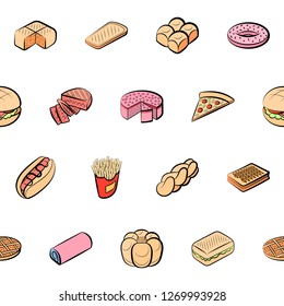 American food and Bakery products set. Background for printing, design, web. Usable as icons. Seamless. Colored.