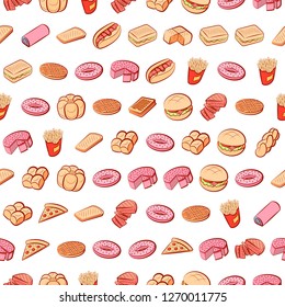 American food and Bakery products set. Background for printing, design, web. Usable as icons. Seamless. Colored.