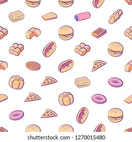 American food and Bakery products set. Background for printing, design, web. Usable as icons. Seamless. Colored.