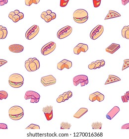 American food and Bakery products set. Background for printing, design, web. Usable as icons. Seamless. Colored.