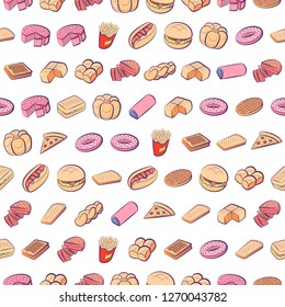 American food and Bakery products set. Background for printing, design, web. Usable as icons. Seamless. Colored.