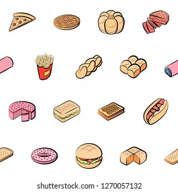 American food and Bakery products set. Background for printing, design, web. Usable as icons. Seamless. Colored.