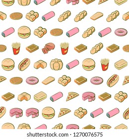 American food and Bakery products set. Background for printing, design, web. Usable as icons. Seamless. Colored.