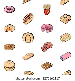 American food and Bakery products set. Background for printing, design, web. Usable as icons. Seamless. Colored.