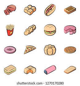 American food and Bakery products set. Background for printing, design, web. Usable as icons. Seamless. Colored.