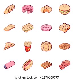 American food and Bakery products set. Background for printing, design, web. Usable as icons. Seamless. Colored.