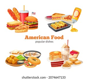 American food banners. Corn dog, clam chowder, biscuits and gravy, apple pie, blt, sandwich and buffalo wings vector. Red velvet cake, grits, monte cristo sandwich, pancakes, maple and spray cheese