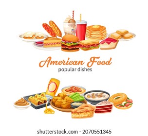 American food banners. Red velvet cake, grits, monte cristo sandwich, pancakes, maple and spray cheese. Corn dog, clam chowder, biscuits and gravy, apple pie, blt, sandwich and buffalo wings vector.