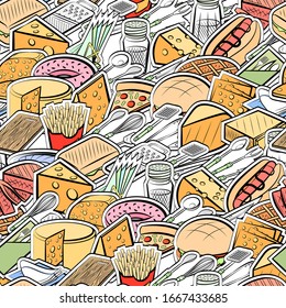 American food, Cheeses, Cutlery and Table setting pattern. Background for printing, design, web. Seamless. Colored.