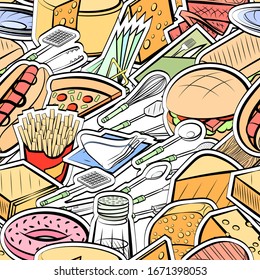 American food, Cheeses, Cutlery and Table setting pattern. Background for printing, design, web. Seamless. Colored.