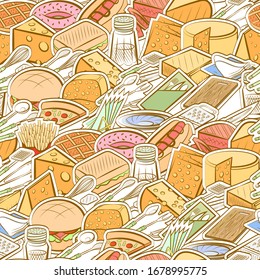 American food, Cheeses, Cutlery and Table setting pattern. Background for printing, design, web. Seamless. Colored.