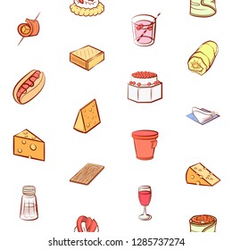 American food, Cheeses, Drinks, Snacks and Table setting set. Background for printing, design, web. Usable as icons. Seamless. Colored.