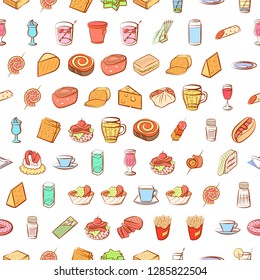 American food, Cheeses, Drinks, Snacks and Table setting set. Background for printing, design, web. Usable as icons. Seamless. Colored.
