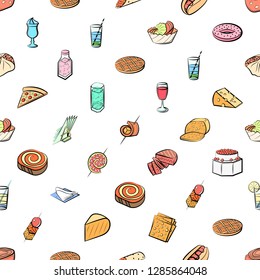 American food, Cheeses, Drinks, Snacks and Table setting set. Background for printing, design, web. Usable as icons. Seamless. Colored.