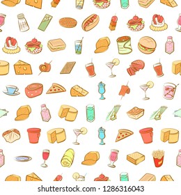 American food, Cheeses, Drinks, Snacks and Table setting set. Background for printing, design, web. Usable as icons. Seamless. Colored.