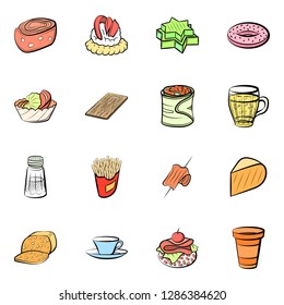 American food, Cheeses, Drinks, Snacks and Table setting set. Background for printing, design, web. Usable as icons. Colored.