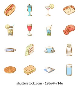 American food, Cheeses, Drinks, Snacks and Table setting set. Background for printing, design, web. Usable as icons. Colored.