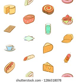 American food, Cheeses, Drinks, Snacks and Table setting set. Background for printing, design, web. Usable as icons. Seamless. Colored.