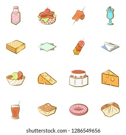 American food, Cheeses, Drinks, Snacks and Table setting set. Background for printing, design, web. Usable as icons. Colored.