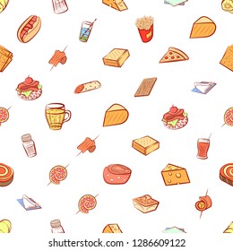 American food, Cheeses, Drinks, Snacks and Table setting set. Background for printing, design, web. Usable as icons. Seamless. Colored.