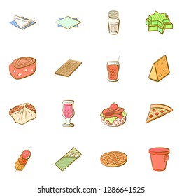 American food, Cheeses, Drinks, Snacks and Table setting set. Background for printing, design, web. Usable as icons. Colored.