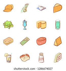 American food, Cheeses, Drinks, Snacks and Table setting set. Background for printing, design, web. Usable as icons. Colored.