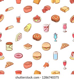 American food, Cheeses, Drinks, Snacks and Table setting set. Background for printing, design, web. Usable as icons. Seamless. Colored.