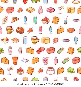 American food, Cheeses, Drinks, Snacks and Table setting set. Background for printing, design, web. Usable as icons. Seamless. Colored.
