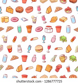 American food, Cheeses, Drinks, Snacks and Table setting set. Background for printing, design, web. Usable as icons. Seamless. Colored.