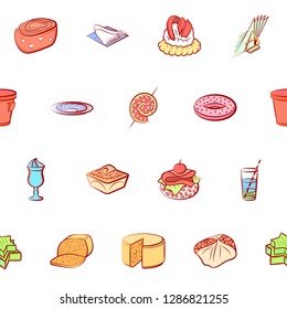 American food, Cheeses, Drinks, Snacks and Table setting set. Background for printing, design, web. Usable as icons. Seamless. Colored.