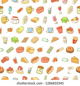 American food, Cheeses, Drinks, Snacks and Table setting set. Background for printing, design, web. Usable as icons. Seamless. Colored.