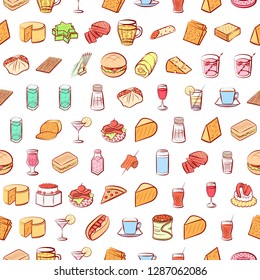 American food, Cheeses, Drinks, Snacks and Table setting set. Background for printing, design, web. Usable as icons. Seamless. Colored.