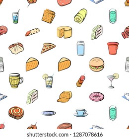 American food, Cheeses, Drinks, Snacks and Table setting set. Background for printing, design, web. Usable as icons. Seamless. Colored.