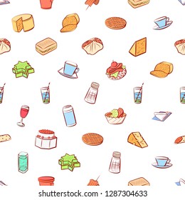 American food, Cheeses, Drinks, Snacks and Table setting set. Background for printing, design, web. Usable as icons. Seamless. Colored.