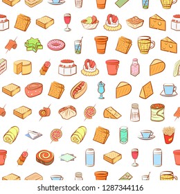 American food, Cheeses, Drinks, Snacks and Table setting set. Background for printing, design, web. Usable as icons. Seamless. Colored.