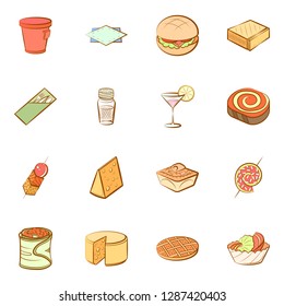 American food, Cheeses, Drinks, Snacks and Table setting set. Background for printing, design, web. Usable as icons. Colored.