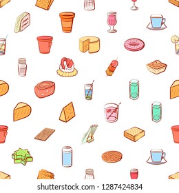 American food, Cheeses, Drinks, Snacks and Table setting set. Background for printing, design, web. Usable as icons. Seamless. Colored.