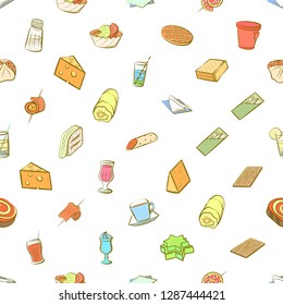 American food, Cheeses, Drinks, Snacks and Table setting set. Background for printing, design, web. Usable as icons. Seamless. Colored.