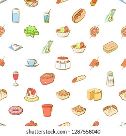 American food, Cheeses, Drinks, Snacks and Table setting set. Background for printing, design, web. Usable as icons. Seamless. Colored.