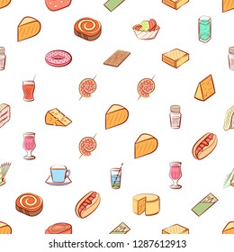 American food, Cheeses, Drinks, Snacks and Table setting set. Background for printing, design, web. Usable as icons. Seamless. Colored.