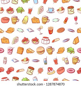 American food, Cheeses, Drinks, Snacks and Table setting set. Background for printing, design, web. Usable as icons. Seamless. Colored.