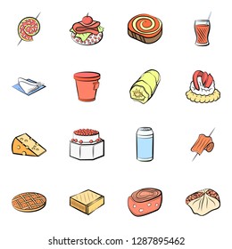 American food, Cheeses, Drinks, Snacks and Table setting set. Background for printing, design, web. Usable as icons. Colored.