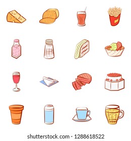 American food, Cheeses, Drinks, Snacks and Table setting set. Background for printing, design, web. Usable as icons. Colored.