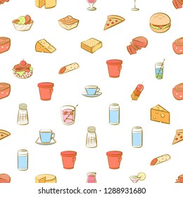 American food, Cheeses, Drinks, Snacks and Table setting set. Background for printing, design, web. Usable as icons. Seamless. Colored.