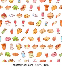 American food, Cheeses, Drinks, Snacks and Table setting set. Background for printing, design, web. Usable as icons. Seamless. Colored.