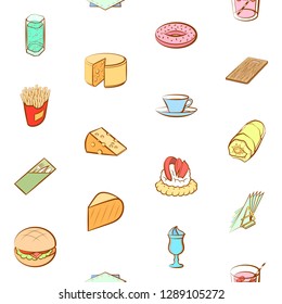American food, Cheeses, Drinks, Snacks and Table setting set. Background for printing, design, web. Usable as icons. Seamless. Colored.