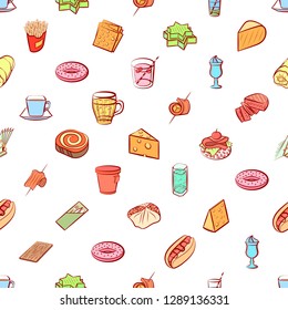 American food, Cheeses, Drinks, Snacks and Table setting set. Background for printing, design, web. Usable as icons. Seamless. Colored.
