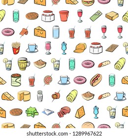 American food, Cheeses, Drinks, Snacks and Table setting set. Background for printing, design, web. Usable as icons. Seamless. Colored.