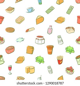 American food, Cheeses, Drinks, Snacks and Table setting set. Background for printing, design, web. Usable as icons. Seamless. Colored.