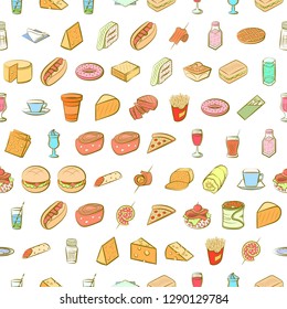 American food, Cheeses, Drinks, Snacks and Table setting set. Background for printing, design, web. Usable as icons. Seamless. Colored.